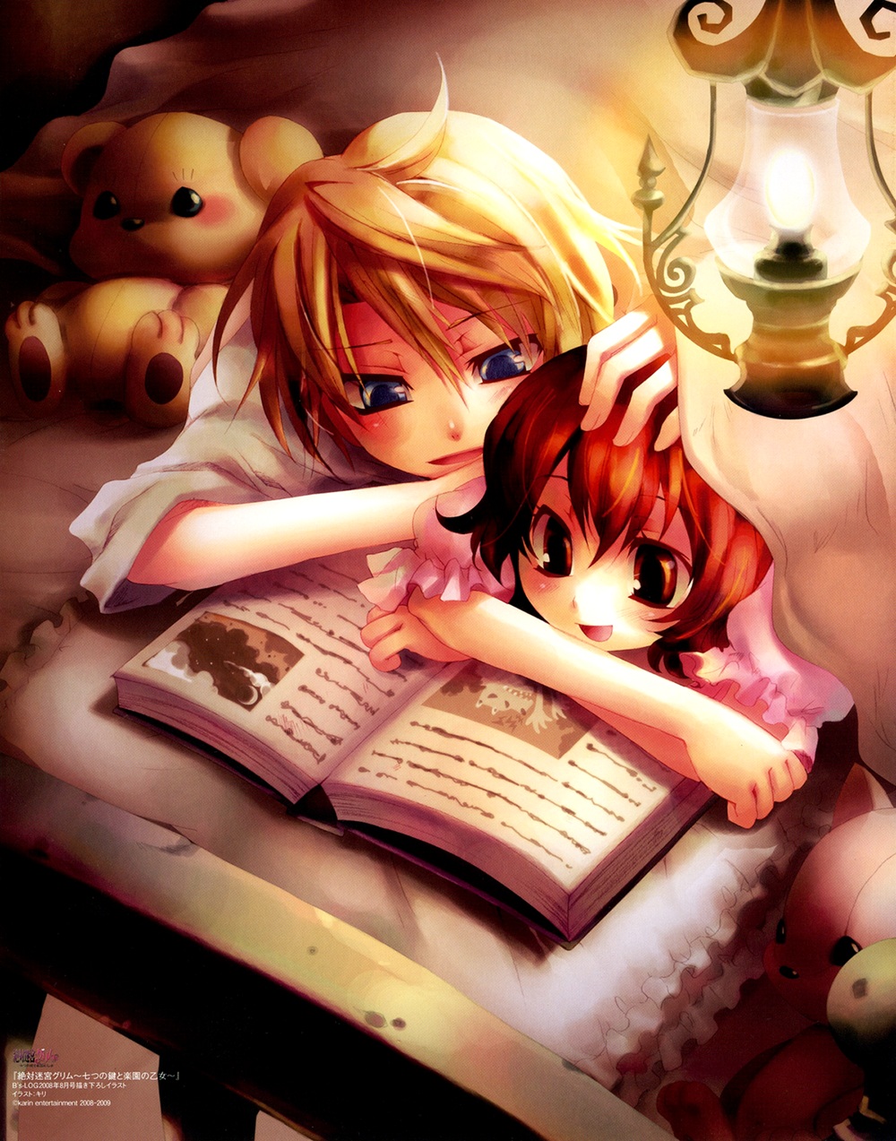 1boy, 1girl, blonde_hair, blue_eyes, blush, book, copyright_name, henrietta_grimm