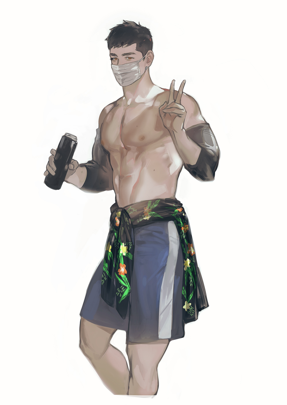 1boy, abs, bara, black_hair, blue_shorts, bottle, brown_eyes, clothes_around_waist, covered_mouth, hawaiian_shirt, highres, holding, holding_bottle, looking_at_viewer, male_focus, mask, mouth_mask, muscular, muscular_male, navel, nipples, original, pectorals, puppy_1ove, shirt, shirt_around_waist, short_hair, shorts, solo, topless_male, v, white_background