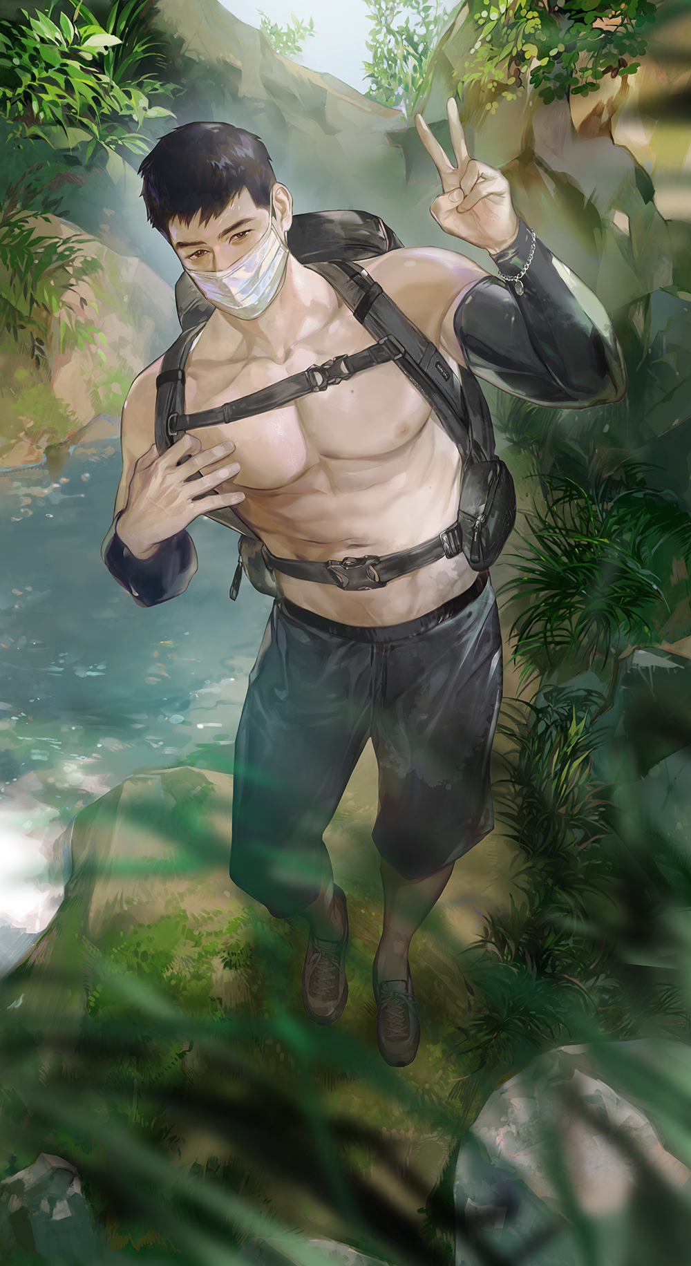 1boy, abs, backpack, bag, bara, black_hair, black_pants, bracelet