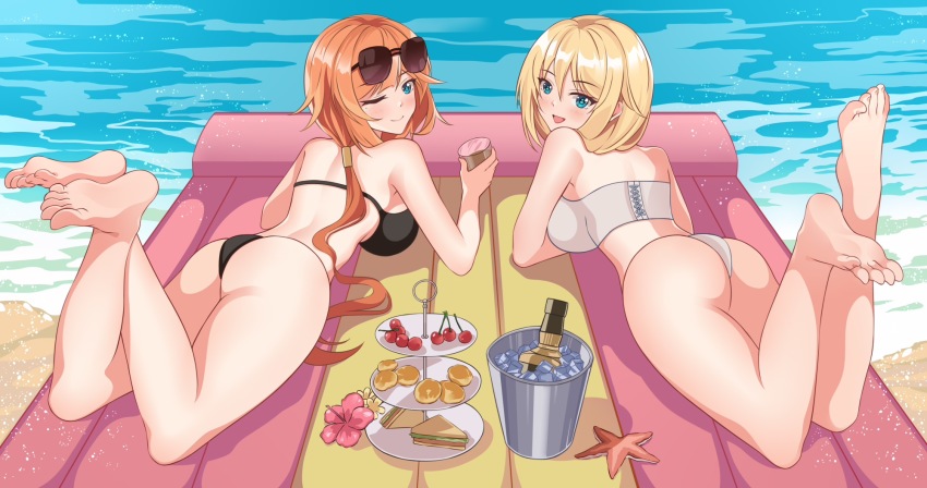 2girls, ass, barefoot, beach, bikini, blonde_hair, blue_eyes, feet, glass, highres, long_hair, looking_at_viewer, looking_back, lying, multiple_girls, nelson_(warship_girls_r), on_stomach, one_eye_closed, open_mouth, orange_hair, rodney_(warship_girls_r), smile, soles, sunglasses_on_head, swimsuit, toes, warship_girls_r
