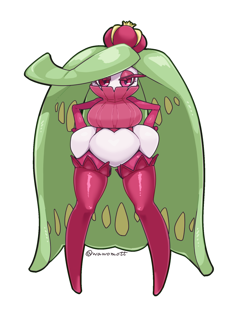 1girl, breasts, covering_own_mouth, crown, full_body, gen_7_pokemon, green_hair, hands_on_own_hips