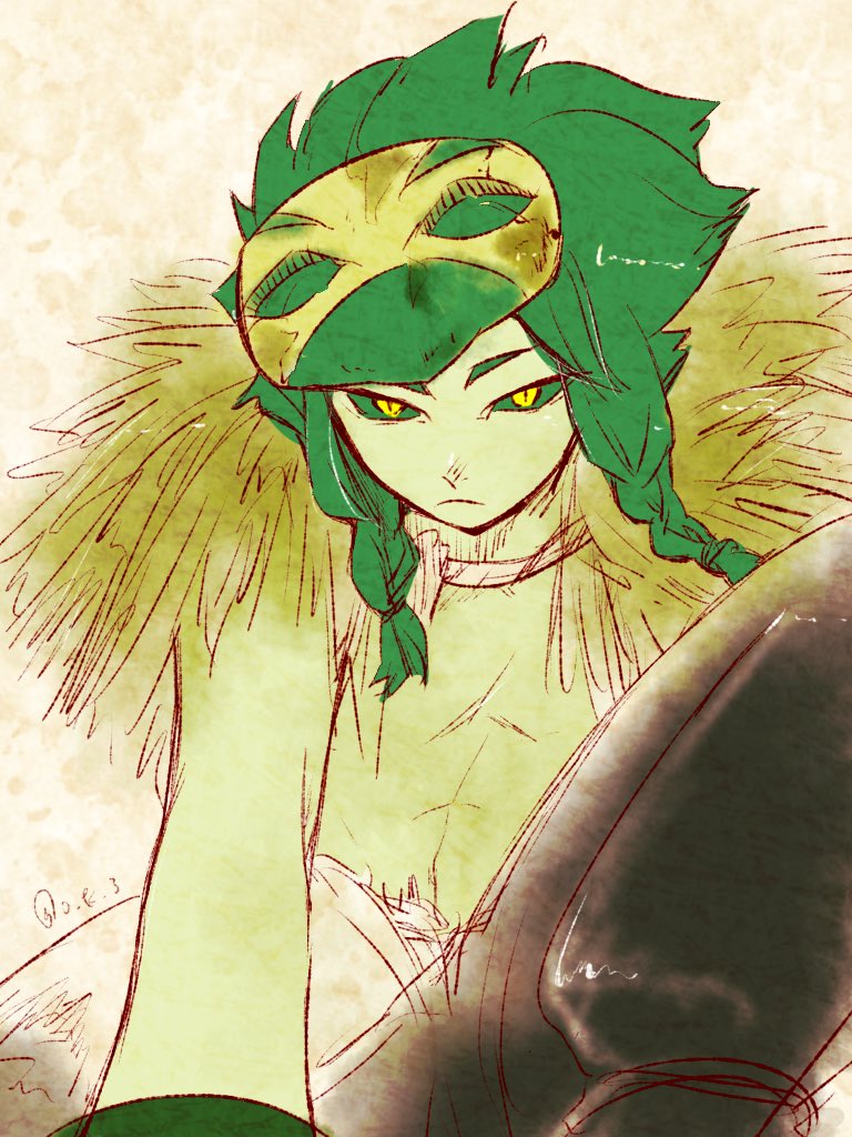 1boy, abs, braid, colored_sclera, colored_skin, green_hair, green_sclera, green_skin