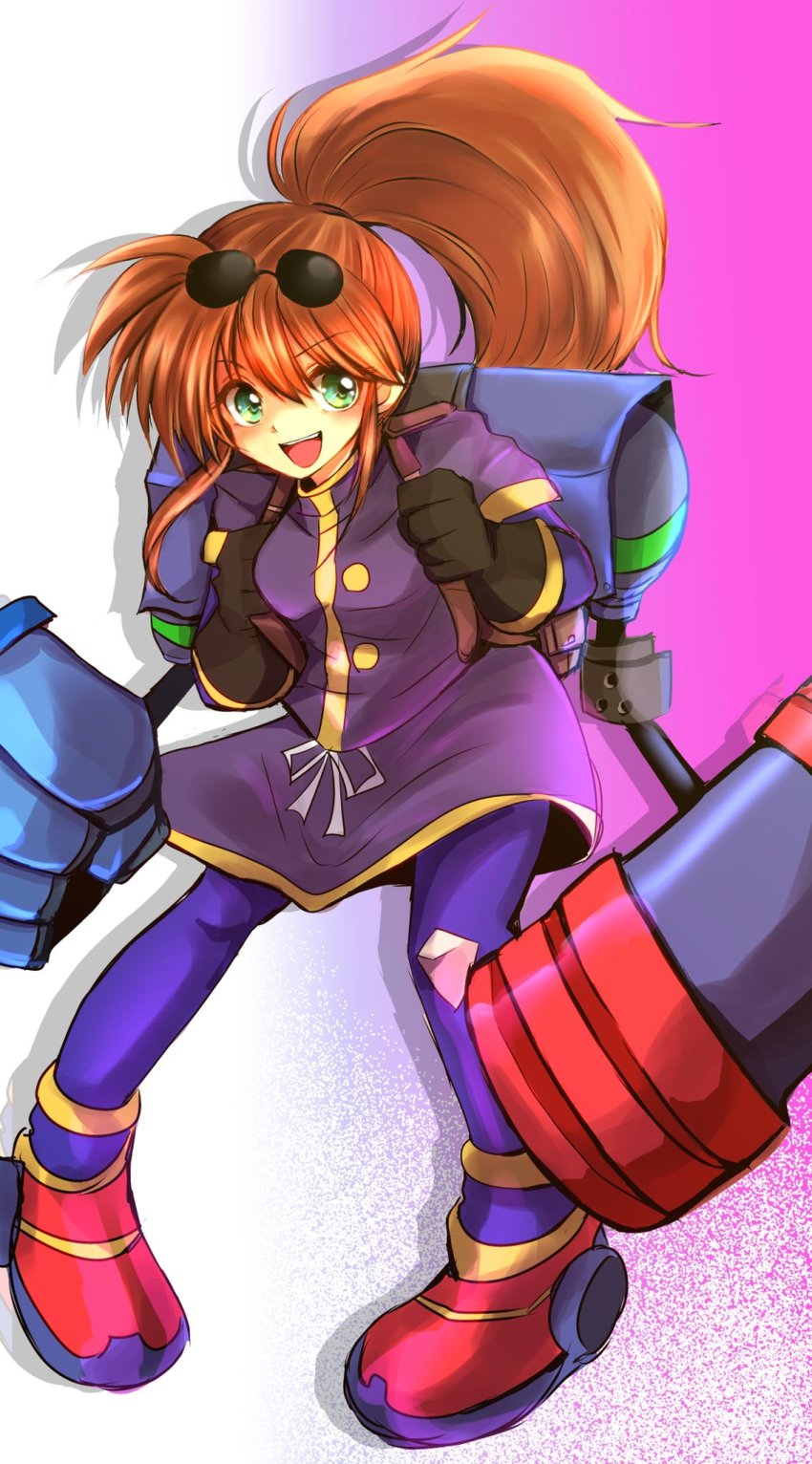 1girl, :d, any813, brown_hair, eyewear_on_head, gloves, green_eyes, highres