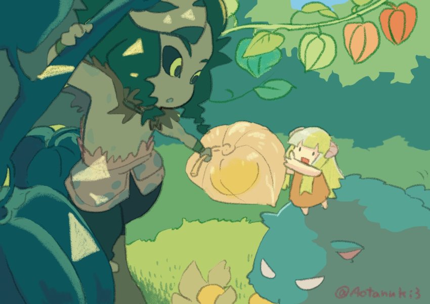 1boy, 1girl, aotanuki3, black_pants, black_sclera, blonde_hair, blunt_bangs, chinese_lantern_(plant), colored_sclera, dappled_sunlight, dress, fenmo_(the_legend_of_luoxiaohei), holding, horns, leaf, long_hair, luo_xiaohei_zhanji, orange_dress, outdoors, pants, plant, qiguo_(the_legend_of_luoxiaohei), sunlight, topless_male