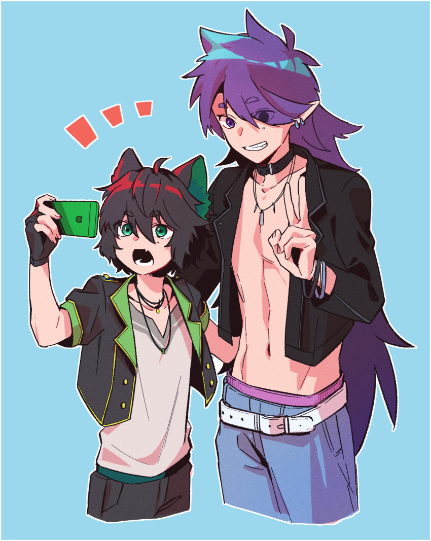 2boys, animal_ears, belt, black_gloves, black_hair, black_jacket, black_pants, blue_background