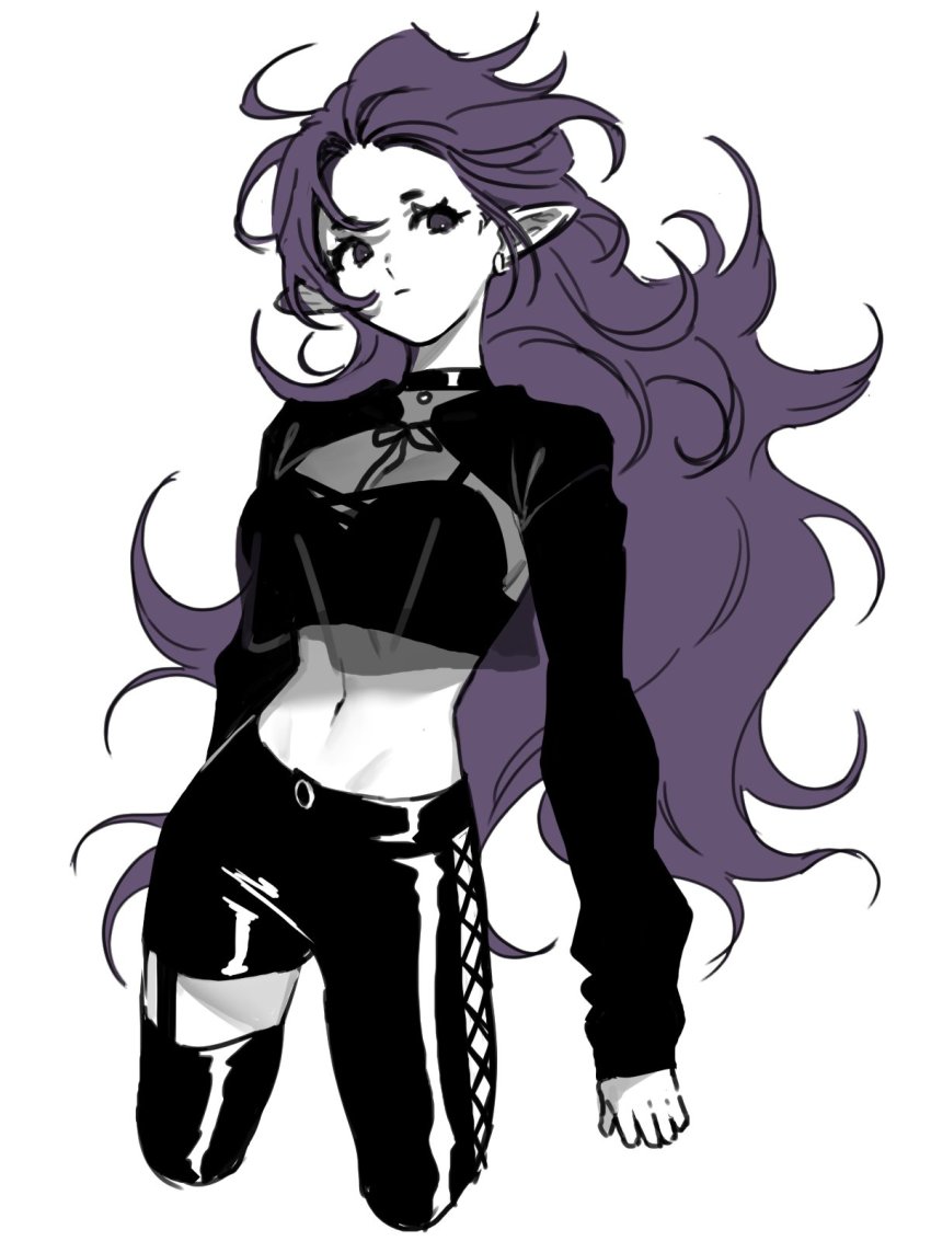 1girl, black_pants, black_shirt, breasts, cowboy_shot, cropped_legs, dupu, earrings, fengxi_(the_legend_of_luo_xiaohei), genderswap, genderswap_(mtf), highres, jewelry, large_breasts, long_hair, midriff, navel, pants, pointy_ears, purple_hair, shirt, simple_background, solo, spot_color, luo_xiaohei_zhanji, very_long_hair, white_background