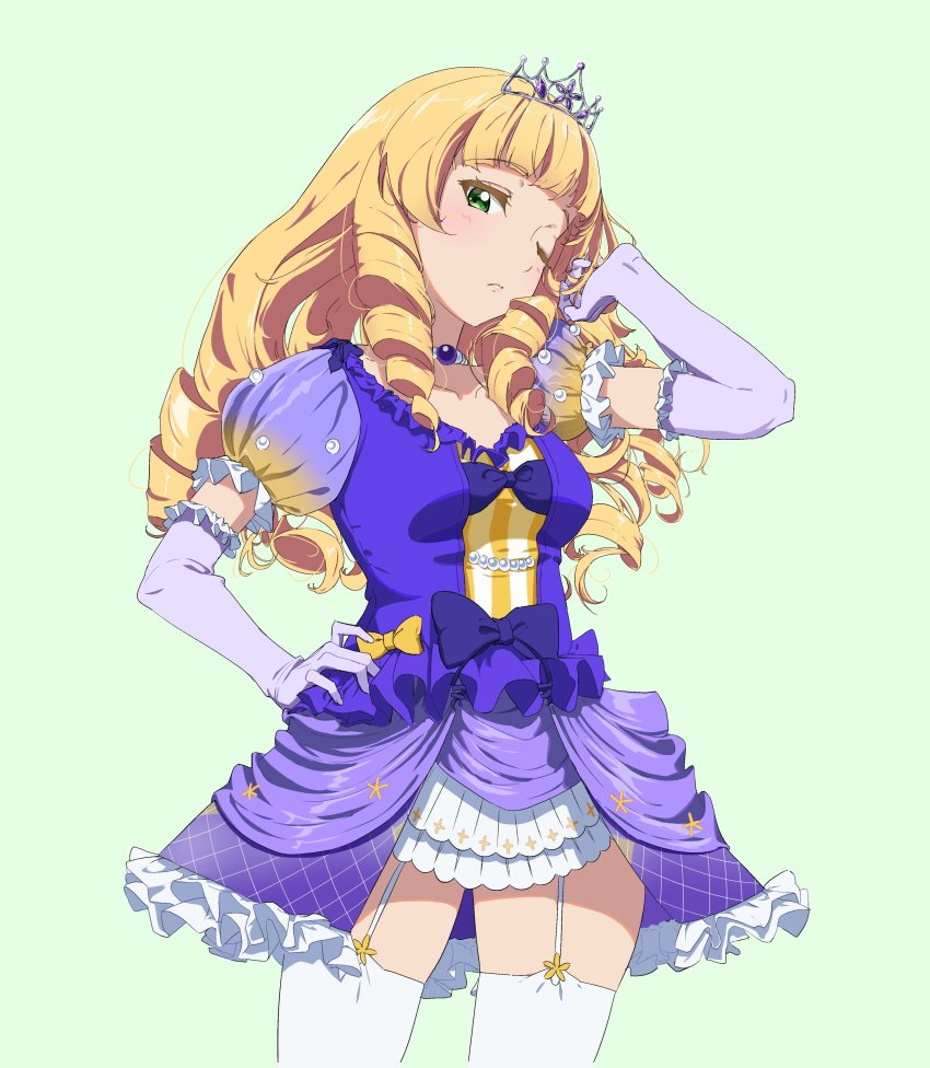 1girl, ;(, absurdres, adjusting_hair, alternate_costume, alternate_hairstyle, blonde_hair, blush, breasts, choker, collarbone, dress, drill_hair, elbow_gloves, garter_straps, gloves, hair_ornament, hand_on_own_hip, hand_up, heanna_sumire, highres, hime_cut, legs, lips, lipstick, long_hair, looking_at_viewer, love_live!, love_live!_superstar!!, makeup, medium_breasts, moshi_(0364p), nonfiction!!_(love_live!), one_eye_closed, out_of_frame, ribbon-trimmed_clothes, ribbon_trim, short_dress, simple_background, solo, star_(symbol), thighhighs, thighs, tiara, tight_clothes, white_thighhighs, yellow_eyes