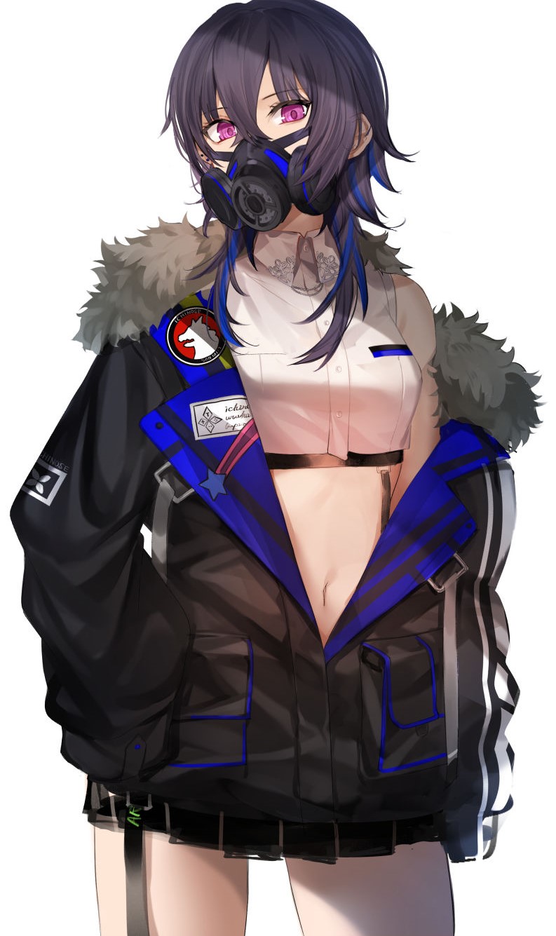 1girl, arm_at_side, black_coat, black_hair, blue_hair, breasts, buttons, coat