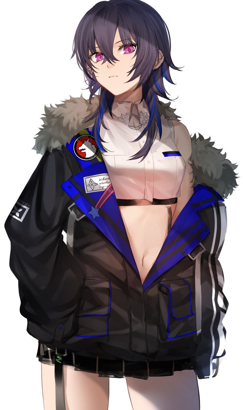 1girl, arm_at_side, black_coat, black_hair, blue_hair, breasts, buttons, closed_mouth, coat, collared_shirt, commentary_request, cowboy_shot, crop_top, ear_piercing, fur-trimmed_coat, fur_trim, hand_on_own_hip, highres, hisui_ill, ichinose_uruha, ichinose_uruha_(4th_costume), long_sleeves, looking_at_viewer, lupinus_virtual_games, medium_breasts, multicolored_hair, navel, off_shoulder, piercing, pink_eyes, pocket, shirt, simple_background, sleeveless, sleeveless_shirt, sleeves_past_wrists, solo, streaked_hair, virtual_youtuber, vspo!, white_background, white_shirt