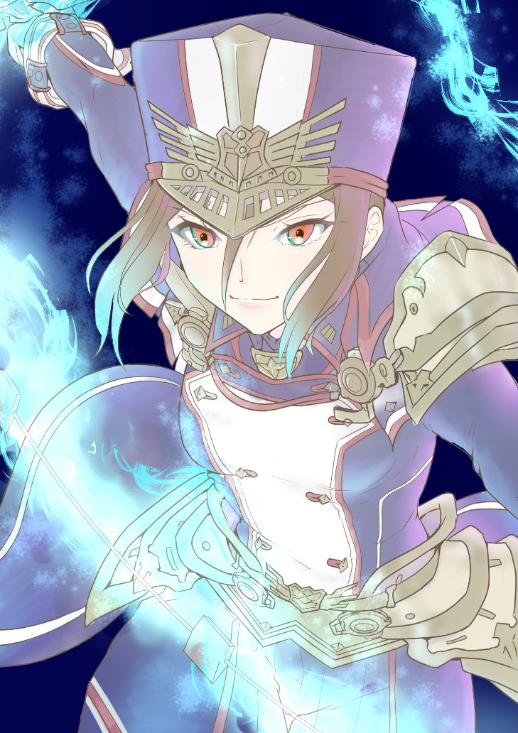 black_hair, blue_background, blue_fire, brown_eyes, fire, gloves, grin, hat, incoming_attack, looking_at_viewer, military, military_uniform, mofukuramay, morag_ladair_(xenoblade), nayuta-kanata, smile, sword, weapon, whip_sword, white_gloves, xenoblade_chronicles_(series), xenoblade_chronicles_2