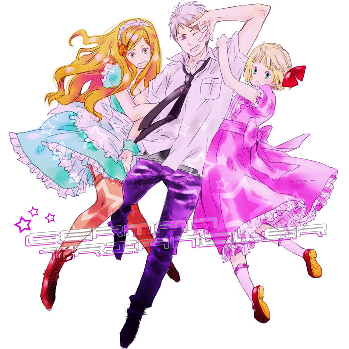 00s, 1boy, 2girls, \m/, albino, apron, axis_powers_hetalia, blonde_hair