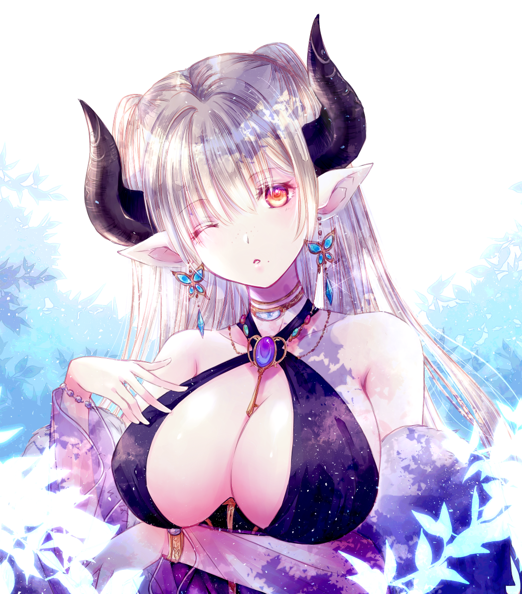 1girl, alba_(granblue_fantasy), arm_under_breasts, bare_shoulders, black_dress, blonde_hair, breasts, cleavage, corset, draph, dress, earrings, granblue_fantasy, horns, jewelry, large_breasts, one_eye_closed, solo, takamura_ryou