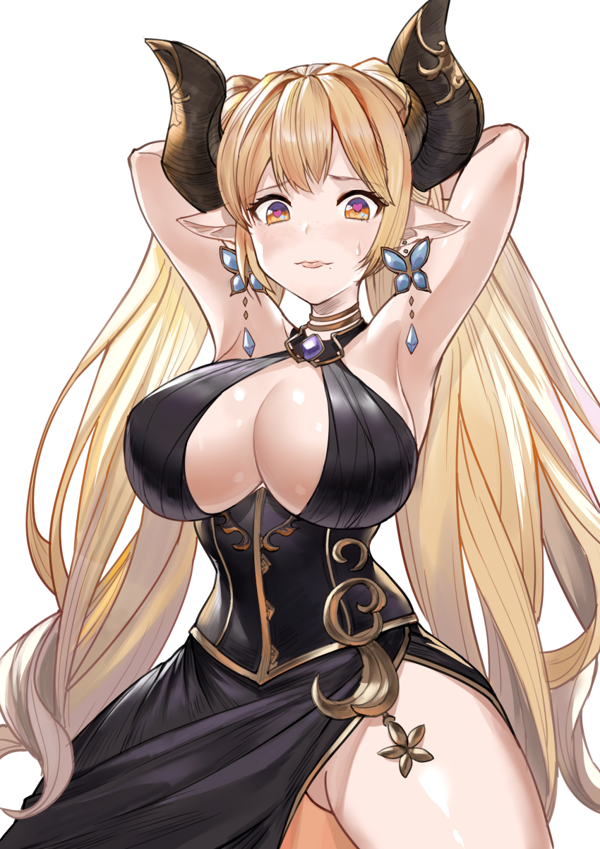 1girl, absurdres, alba_(granblue_fantasy), armpits, bare_shoulders, black_dress, blonde_hair, breasts