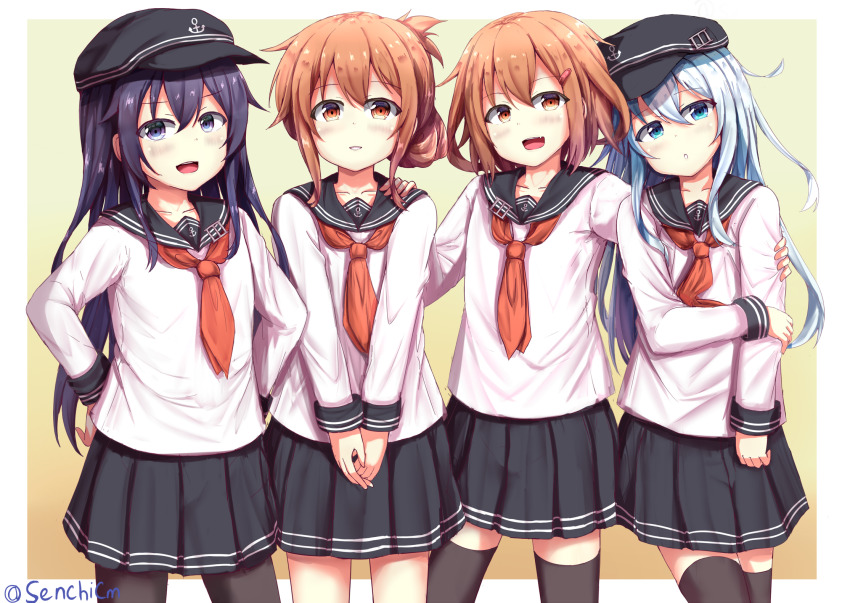 4boys, akatsuki_(kancolle), akatsuki_(kancolle)_(cosplay), black_headwear, black_legwear, black_sailor_collar, black_skirt, blue_eyes, blue_hair, brown_eyes, brown_hair, commentary_request, cosplay, crossdressing, crossdressing_(mtf), hibiki_(kancolle), hibiki_(kancolle)_(cosplay), highres, ikazuchi_(kancolle), ikazuchi_(kancolle)_(cosplay), inazuma_(kancolle), inazuma_(kancolle)_(cosplay), kantai_collection, long_hair, long_sleeves, male_focus, multiple_boys, neckerchief, original, pantyhose, pleated_skirt, purple_eyes, purple_hair, red_neckerchief, sailor_collar, school_uniform, senchimee, serafuku, shirt, short_hair, skirt, thighhighs, twitter_username, white_shirt