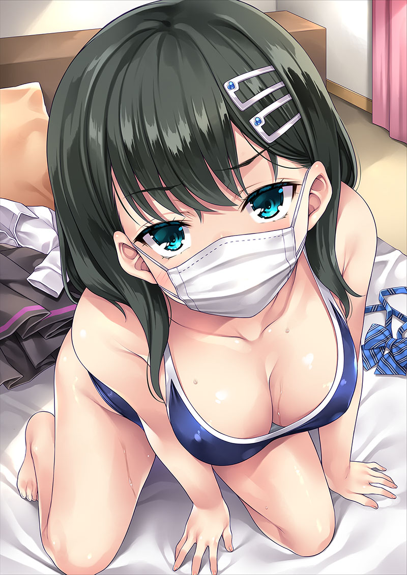 1girl, arm_support, bed, black_hair, black_skirt, blue_bow, blue_bowtie, blue_eyes