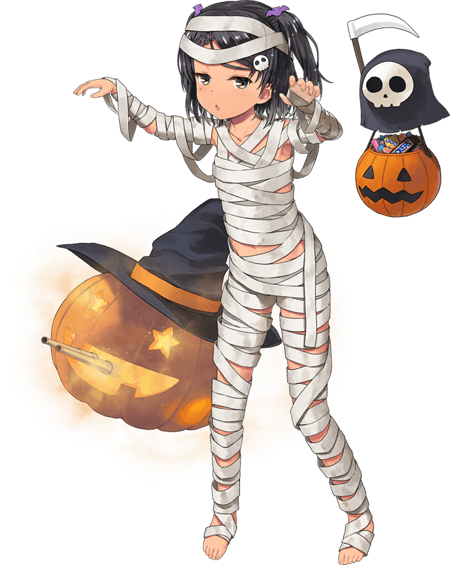 1girl, braid, full_body, jack-o'-lantern, jiji_(aardvark), kantai_collection, mole, mole_under_eye