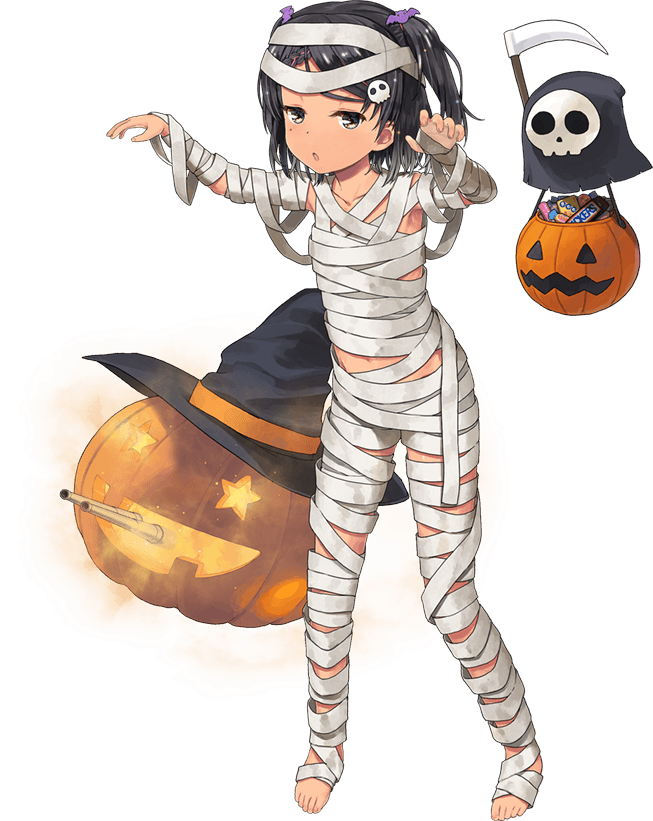 1girl, braid, full_body, jack-o'-lantern, jiji_(aardvark), kantai_collection, mole, mole_under_eye