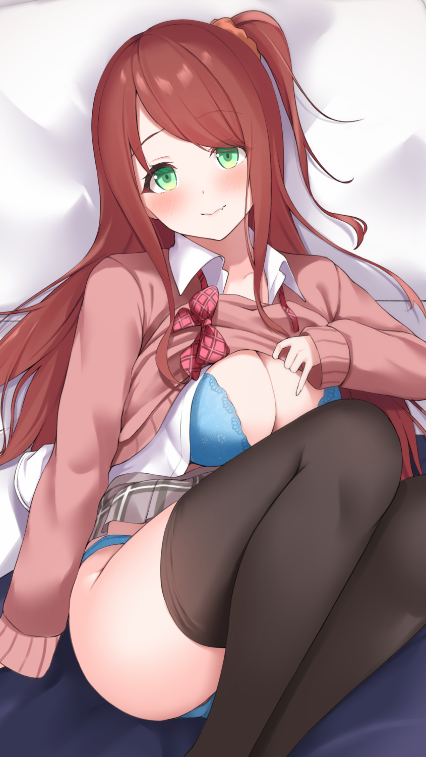 1girl, akabane_youko, akabane_youko_(1st_costume), black_thighhighs, blue_bra, blue_panties, bow, bowtie, bra, breasts, brown_hair, collared_shirt, green_eyes, grey_skirt, highres, large_breasts, long_hair, long_sleeves, miniskirt, nijisanji, one_side_up, panties, pink_bow, pink_bowtie, plaid_bow, plaid_bowtie, plaid_clothes, plaid_neckwear, plaid_skirt, school_uniform, shirayuiii, shirt, sidelocks, skirt, solo, thighhighs, underwear, virtual_youtuber, white_shirt