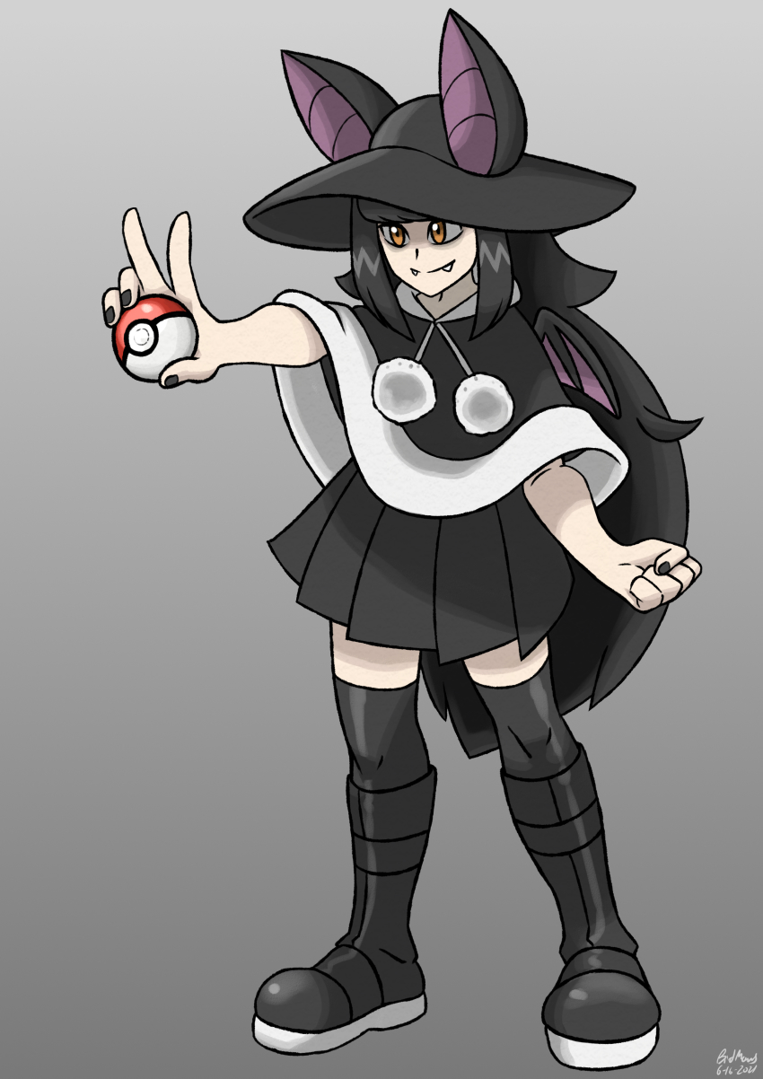 1girl, absurdres, animal_ears, bat_ears, bat_girl, bat_wings, birdmaws, black_boots, black_hair, black_nail_polish, black_nails, black_thighhighs, boots, hat, highres, indie_virtual_youtuber, long_hair, moriko_kyoho, nail_polish, parka, simple_background, skirt, sun_hat, thighhighs, thighhighs_under_boots, virtual_youtuber, wings, yellow_eyes