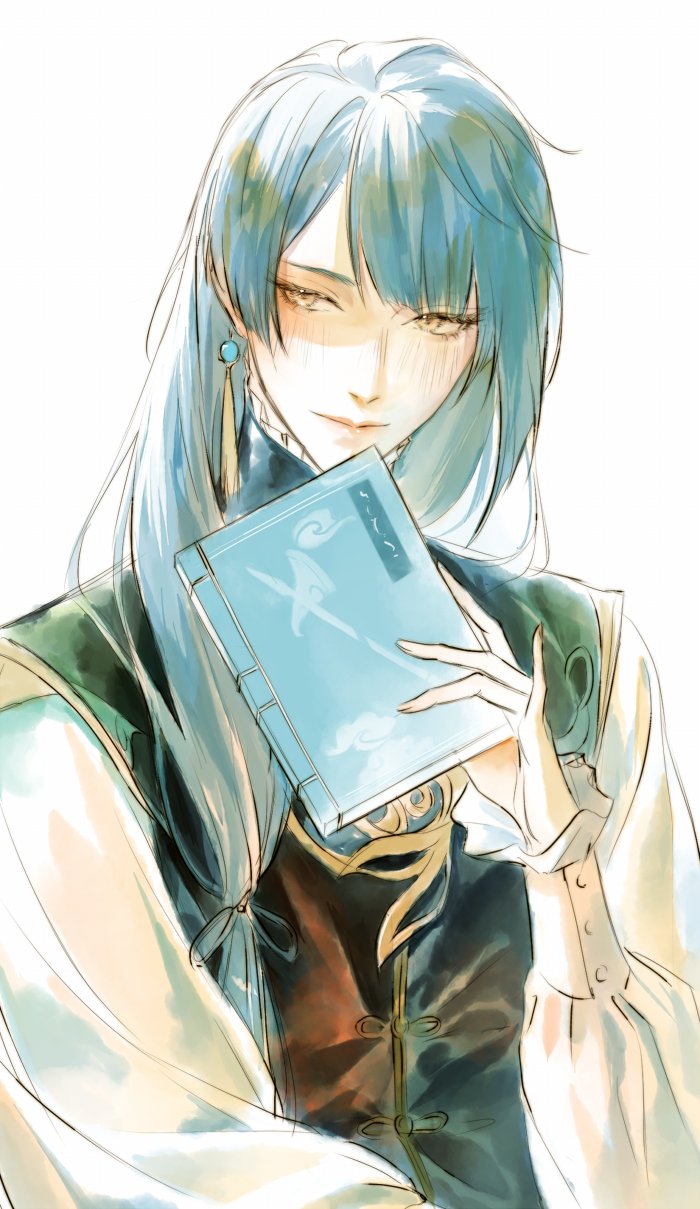 1boy, aged_up, blue_hair, book, chinese_clothes, earrings, frilled_sleeves, frills