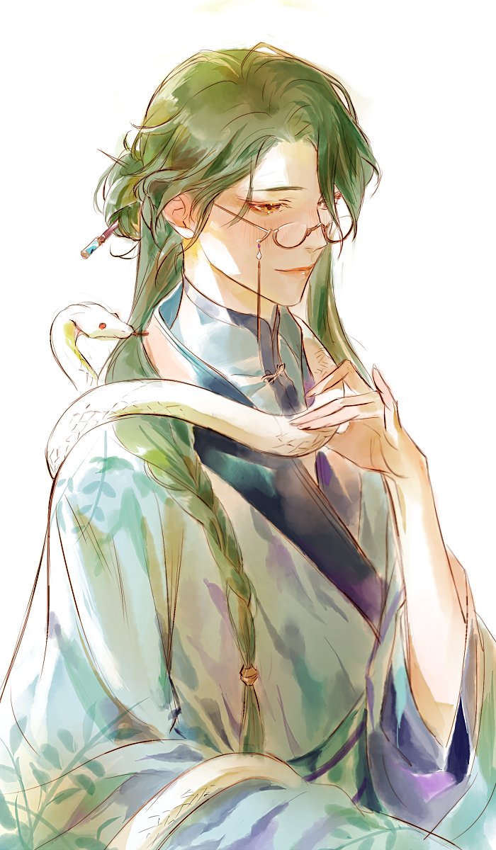1boy, baizhu_(genshin_impact), braid, brooch, chinese_clothes, eyewear_strap, genshin_impact, glasses, green_hair, hair_over_shoulder, half-closed_eyes, hanfu, highres, jewelry, kkcoocool, light_blush, light_smile, long_hair, long_sleeves, male_focus, open_mouth, single_braid, snake, solo, upper_body, white_background, white_snake