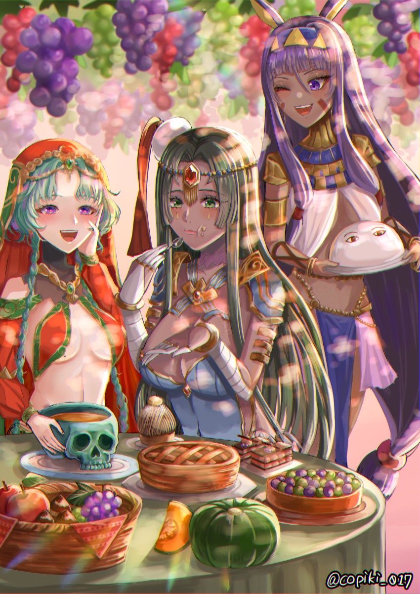 3girls, absurdres, animal_ears, arm_wrap, armlet, armor, bandaged_arm, bandages, bare_shoulders, belly_chain, bikini, black_hair, blue_armor, blush, bracelet, braid, breastplate, breasts, bridal_gauntlets, cake, circlet, cleavage, copiki_017, dark-skinned_female, dark_skin, detached_sleeves, earrings, facepaint, facial_mark, fate/grand_order, fate_(series), food, forehead_jewel, green_eyes, green_hair, hairband, halterneck, hat, highleg, highleg_bikini, highres, hoop_earrings, jackal_ears, jewelry, large_breasts, long_hair, long_sleeves, low-tied_long_hair, medium_breasts, multiple_girls, navel, nitocris_(fate), one_eye_closed, open_mouth, parted_bangs, pauldrons, pelvic_curtain, plate, puffy_long_sleeves, puffy_sleeves, purple_eyes, purple_hair, red_bikini, ring, salome_(fate), scheherazade_(fate), short_hair_with_long_locks, shoulder_armor, sidelocks, smile, swimsuit, twin_braids, usekh_collar, veil, very_long_hair
