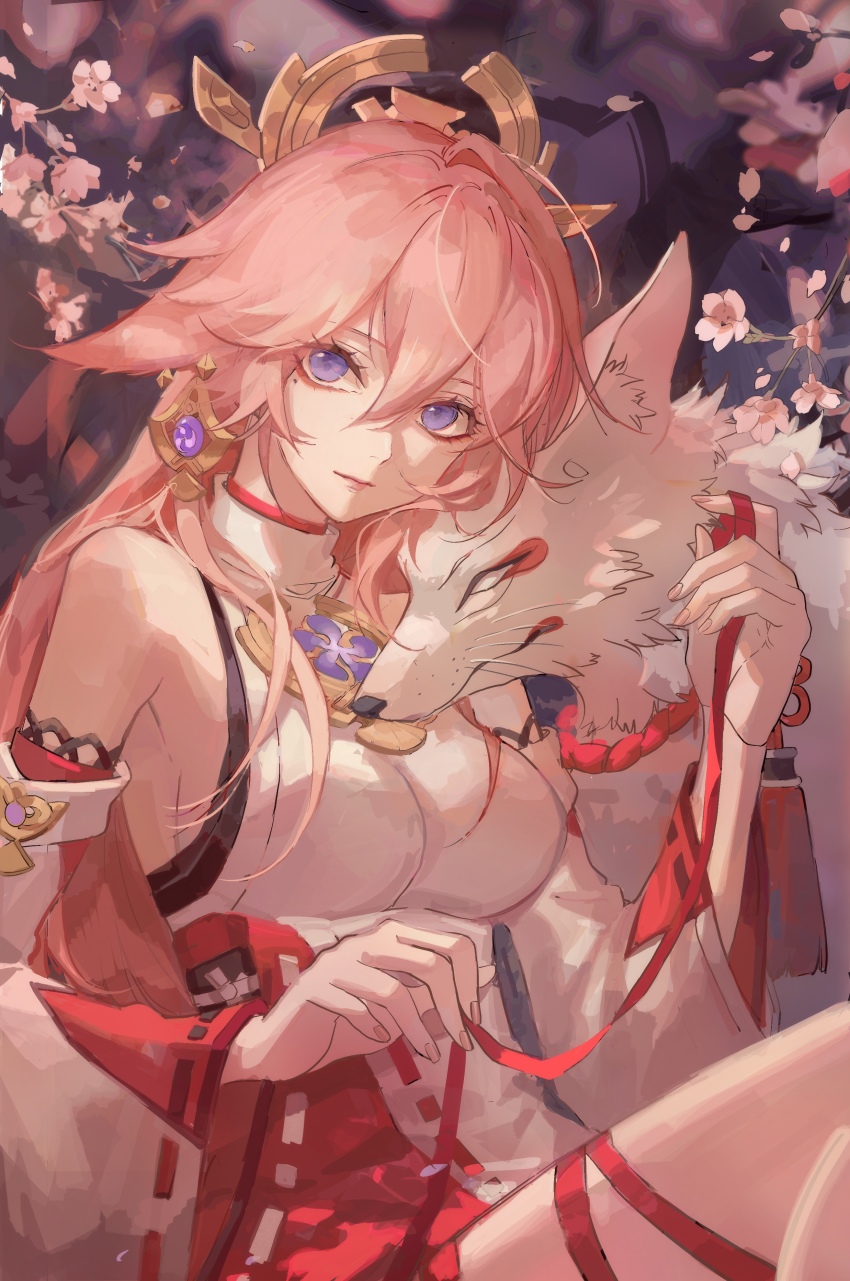 1girl, absurdres, animal_ears, bare_shoulders, breasts, cherry_blossoms, detached_sleeves, earrings