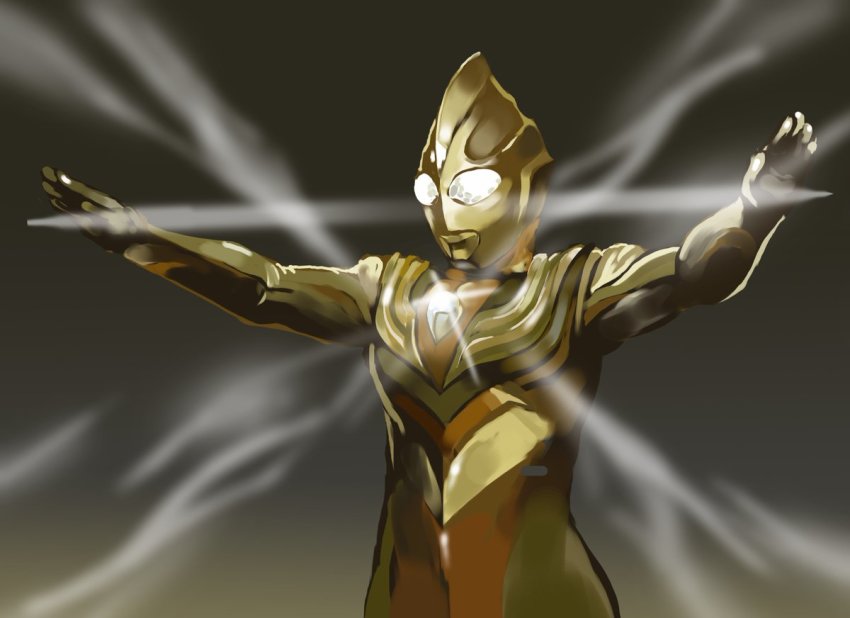 1boy, absorbing, alien, color_timer, commentary_request, glowing, grey_background, light_particles