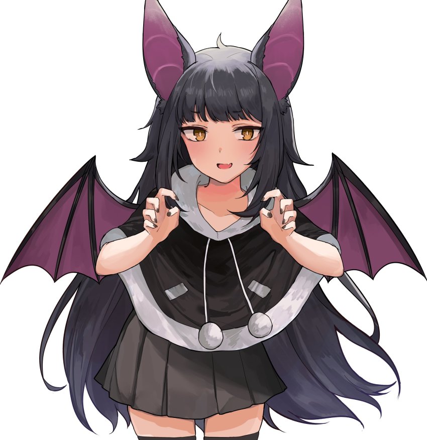 1girl, animal_ears, bat_ears, bat_girl, bat_wings, moriko_kyoho, black_hair, black_nail_polish