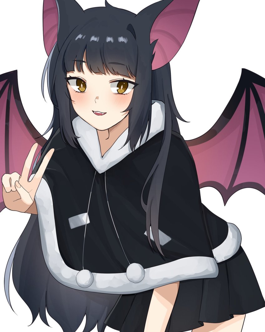 1girl, animal_ears, bat_ears, bat_girl, bat_wings, moriko_kyoho, black_hair, black_nail_polish