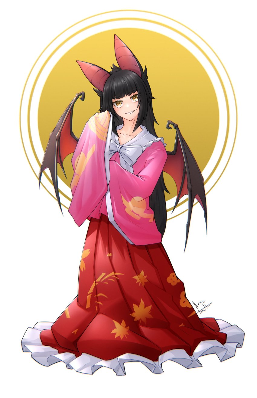 1girl, absurdres, animal_ears, bat_ears, bat_girl, bat_wings, moriko_kyoho, black_hair, cosplay, frills, hand_up, highres, houraisan_kaguya, indie_virtual_youtuber, long_hair, long_sleeves, pace_argonaut, pink_shirt, red_skirt, shirt, skirt, sleeves_past_fingers, sleeves_past_wrists, smile, touhou, virtual_youtuber, wings, yellow_eyes