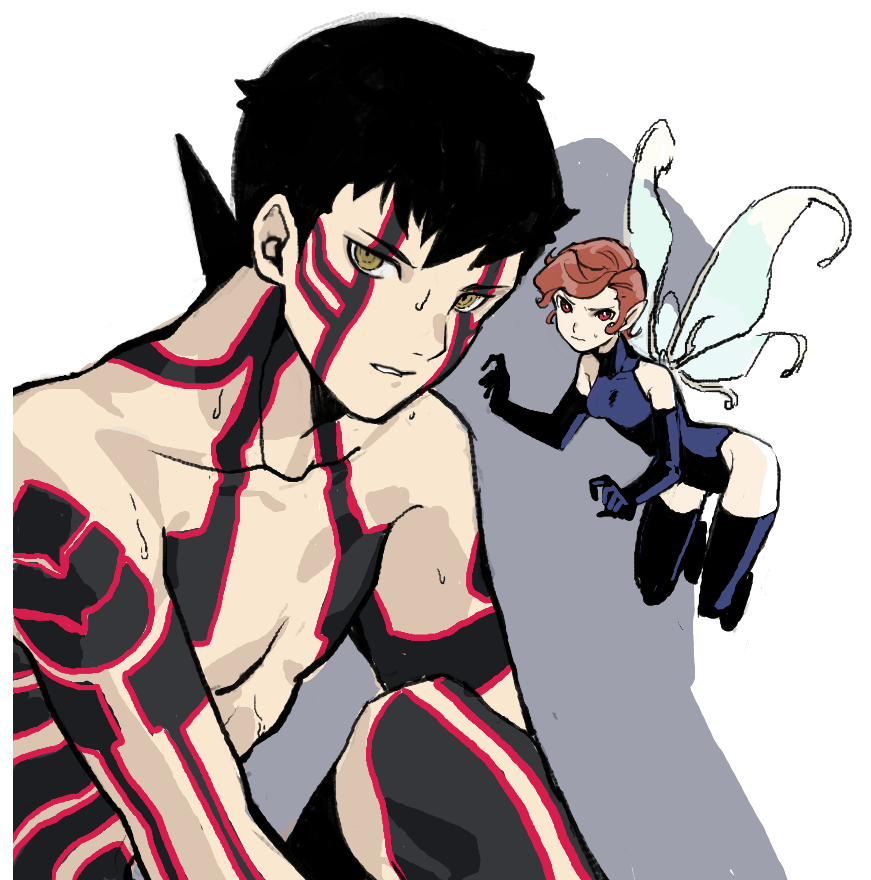 1boy, 1girl, black_hair, brown_hair, collarbone, demi-fiend, elbow_gloves, fairy