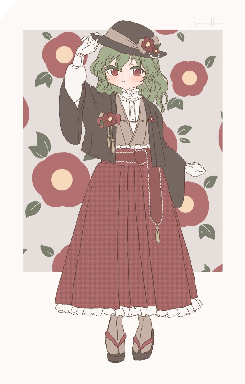 1girl, :o, belt, border, brown_hat, brown_kimono, brown_legwear, brown_ribbon, buttons, camellia, collared_shirt, commentary, dot_nose, floral_background, flower, frilled_hakama, frilled_shirt_collar, frilled_skirt, frills, full_body, geta, gloves, green_hair, hair_between_eyes, hakama, hakama_skirt, hand_on_headwear, haori, hat, hat_flower, hat_ribbon, highres, houndstooth, japanese_clothes, kazami_yuuka, kimono, leaf, light_blush, lolita_fashion, long_hair, long_skirt, long_sleeves, looking_at_viewer, outside_border, red_belt, red_eyes, red_flower, red_hakama, red_skirt, ribbon, sakurasaka, sandals, shirt, skirt, solo, standing, tabi, tassel, touhou, wa_lolita, wavy_hair, white_border, white_gloves, white_shirt