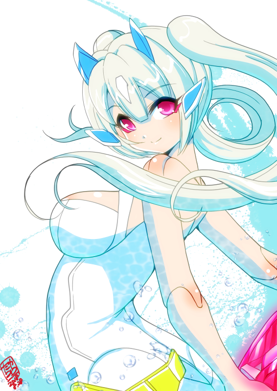 1girl, artist_logo, asura_ninja_aoi, blonde_hair, breasts, commentary_request, doll_joints, horns