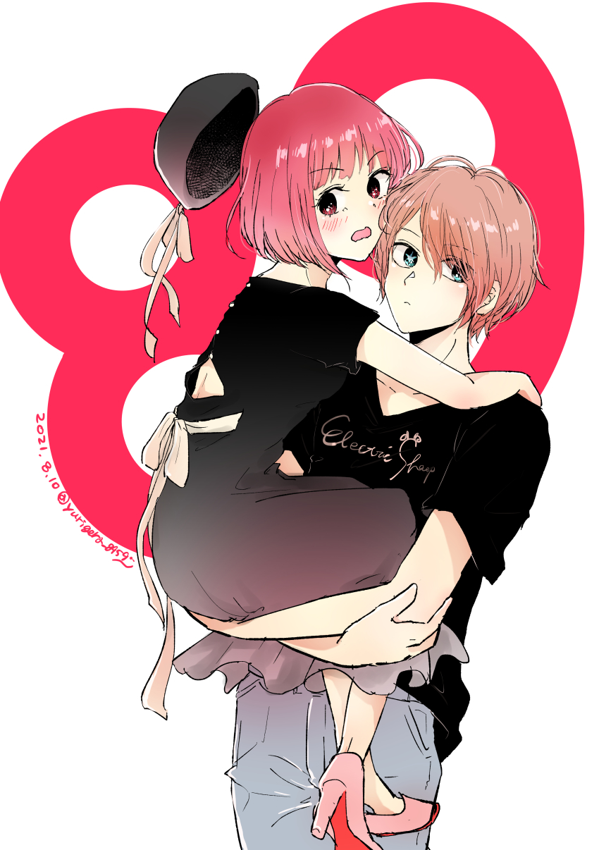 1boy, 1girl, absurdres, arima_kana, bare_arms, black_dress, blue_eyes, blush