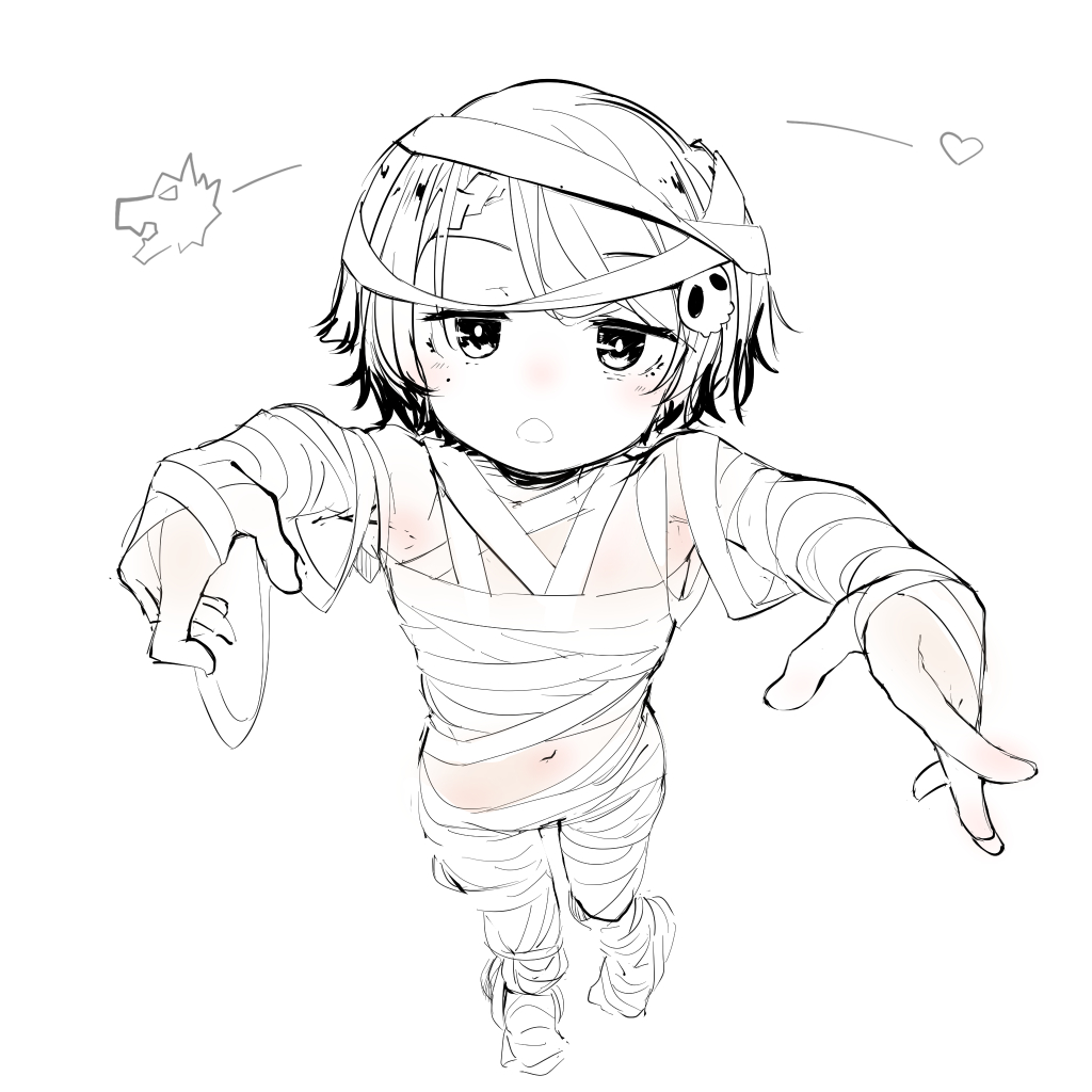 1girl, bandaged_arm, bandaged_leg, bandages, hair_ornament, halloween, halloween_costume, kantai_collection, looking_at_viewer, mole, mole_under_eye, mummy_costume, navel, official_alternate_costume, open_mouth, scirocco_(halloween)_(kancolle), scirocco_(kancolle), short_hair, simple_background, skull_hair_ornament, solo, spot_color, tsuzuri_(tu-san_house), two_side_up, white_background