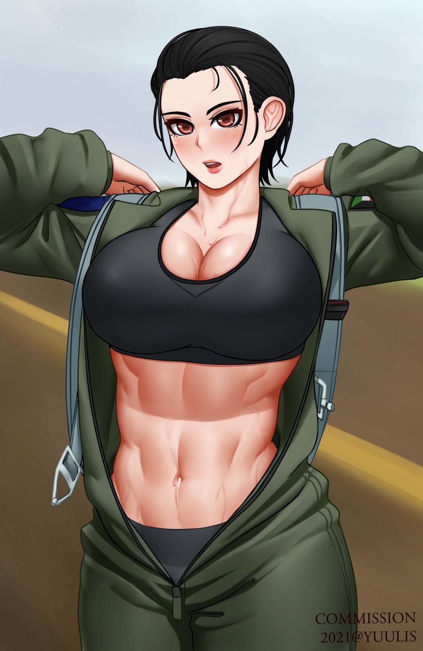 1girl, abs, absurdres, artist_name, black_hair, black_sports_bra, breasts, brown_eyes, commission, dated, desert, green_jumpsuit, hair_slicked_back, highres, jumpsuit, kuwaiti_flag, large_breasts, military, muscular, muscular_female, navel, open_clothes, open_fly, open_mouth, open_shirt, original, short_hair, simple_background, sports_bra, sweat, yuulis27
