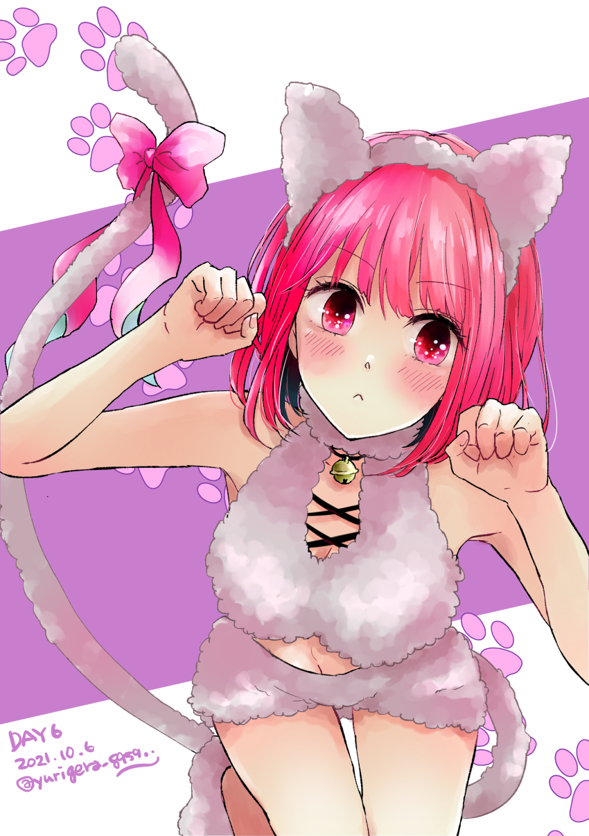 :<, absurdres, animal_ears, arima_kana, armpits, bare_arms, bare_shoulders, belly, blush, breasts, cat_ears, cat_girl, cat_tail, cleavage, colored_skin, crop_top, highres, kneeling, large_breasts, looking_at_viewer, medium_hair, navel, oshi_no_ko, ribbon, shorts, signature, tail, white_skin, yurigera_8959