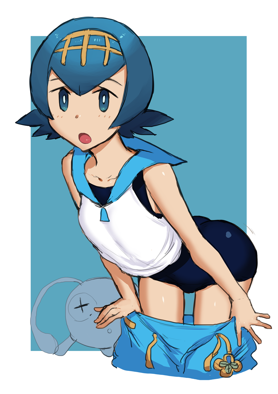 1girl, ass, blue_background, blue_eyes, blue_hair, border, bright_pupils, chinchou