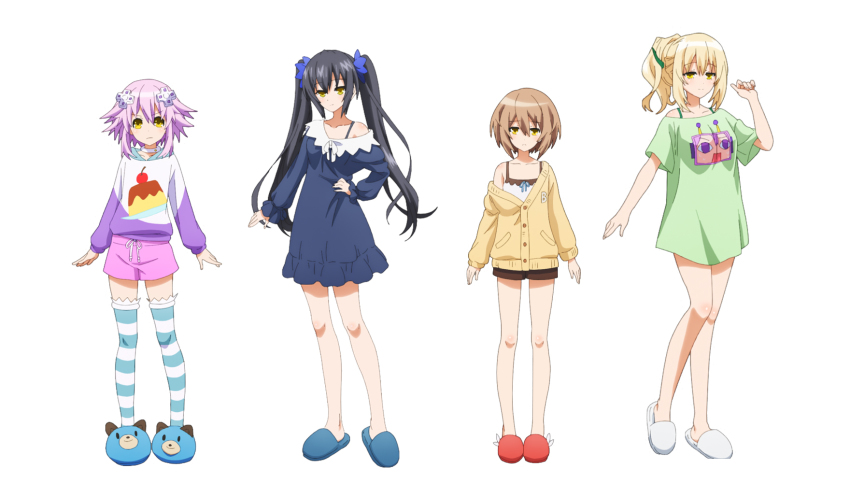4girls, bare_shoulders, black_hair, blanc, blanc_(neptunia), blonde_hair, breasts, brown_hair, d-pad, d-pad_hair_ornament, dress, flat_chest, frown, full_body, hair_ornament, hairclip, highres, leggings, long_hair, medium_breasts, multiple_girls, neptune_(neptunia), neptune_(series), night_gown, noire_(neptunia), official_art, pajamas, ponytail, purple_hair, ribbon, shirt, short_hair, shorts, slippers, small_breasts, standing, thighhighs, thighs, tsundere, twintails, vert, vert_(neptunia), yellow_eyes
