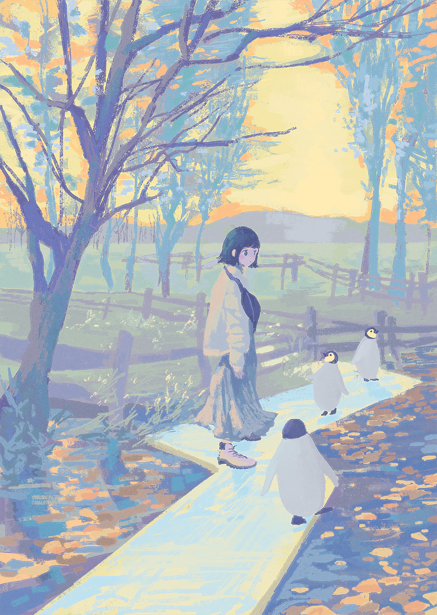 1girl, baby_animal, bag, bird, black_hair, coat, fence, grey_skirt