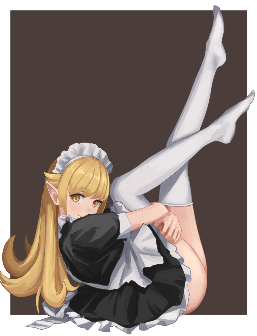 1girl, absurdres, alternate_costume, apron, bakemonogatari, black_dress, blonde_hair, closed_mouth, dress, enmaided, feet, female_focus, frills, highres, hugging_own_legs, legs_up, long_hair, looking_at_viewer, lying, maid, maid_apron, maid_headdress, monogatari_(series), nemo_ringo, no_shoes, on_back, oshino_shinobu, pointy_ears, puffy_short_sleeves, puffy_sleeves, short_sleeves, smile, solo, thighhighs, vampire, white_apron, white_thighhighs, yellow_eyes