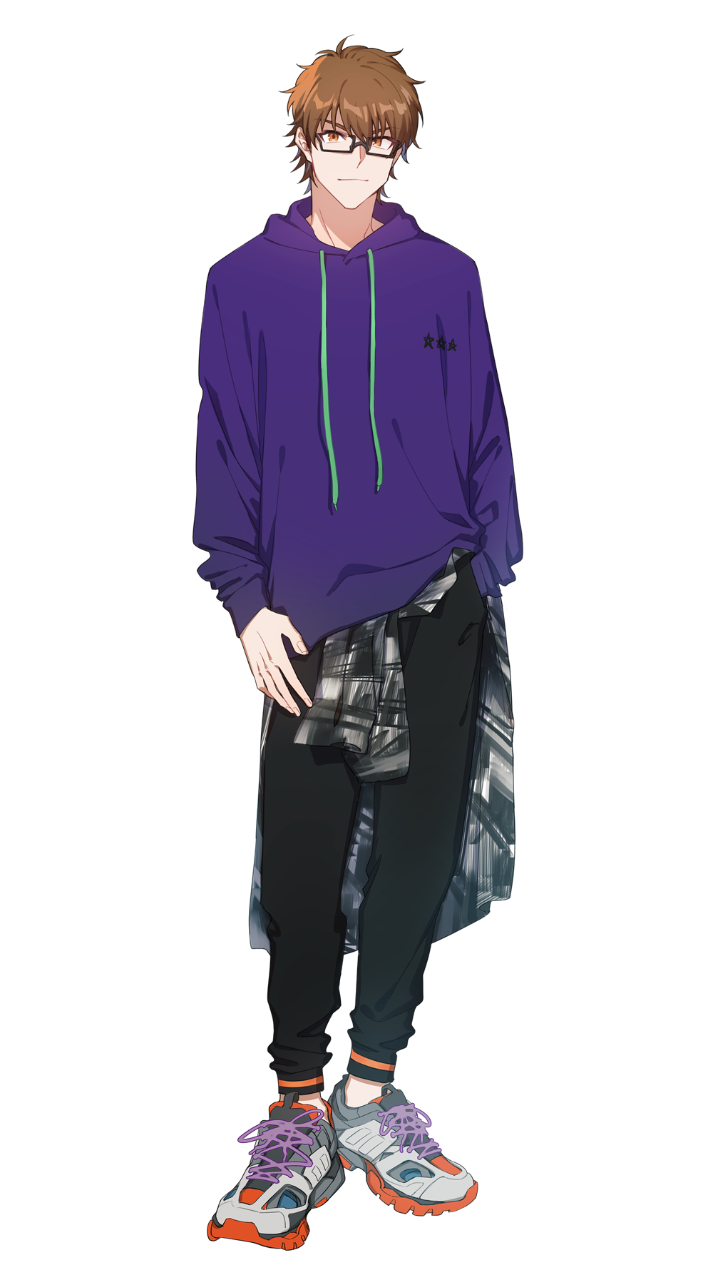 1boy, ace_of_diamond, black_pants, brown_eyes, brown_hair, closed_mouth, clothes_around_waist, glasses
