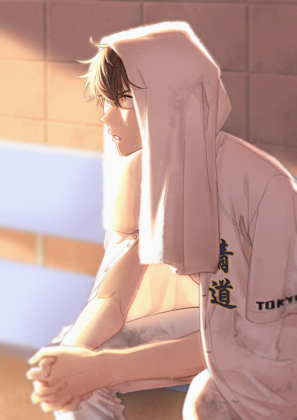 1boy, ace_of_diamond, baseball_jersey, baseball_uniform, brown_eyes, brown_hair, clothes_on_shoulders, day, highres, jersey, lack_o, male_focus, own_hands_together, pants, parted_lips, sawamura_eijun, short_hair, sitting, sportswear, sunlight, sweat, towel, towel_on_head, unworn_clothes, white_pants