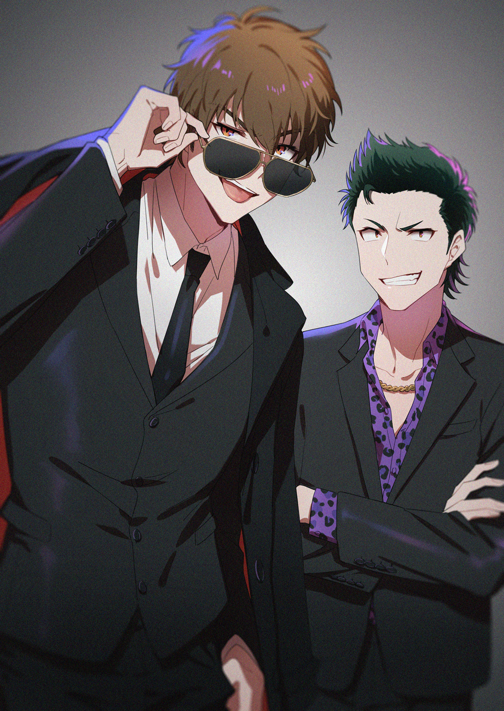 2boys, ace_of_diamond, adjusting_eyewear, black_coat, black_jacket, black_pants, brown_eyes, brown_hair
