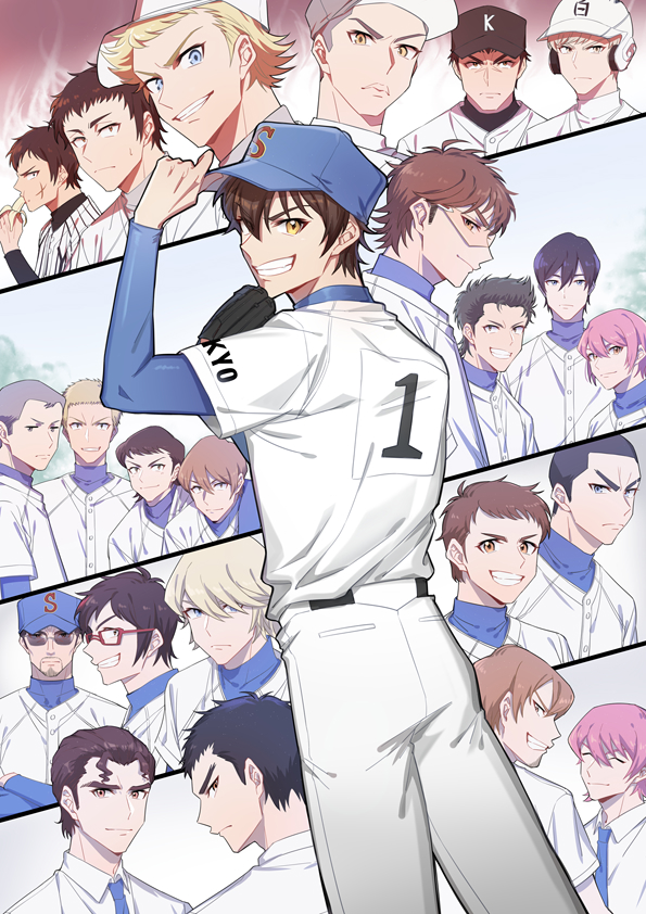 6+boys, ace_of_diamond, back, baseball_cap, baseball_glove, baseball_jersey, baseball_uniform, brown_eyes