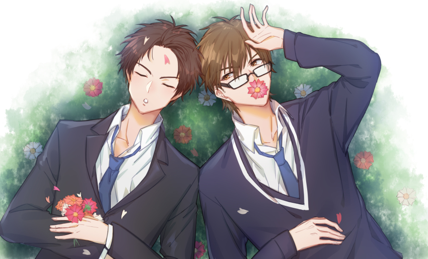 2boys, ace_of_diamond, black_jacket, breasts, brown_eyes, brown_hair, cleavage, closed_eyes