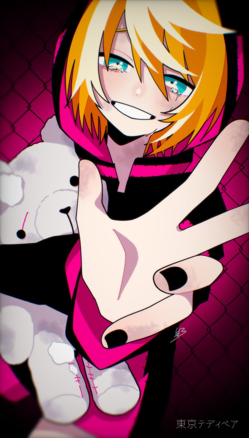 1girl, absurdres, black_jacket, black_nails, blonde_hair, blue_eyes, blurry, chain-link_fence