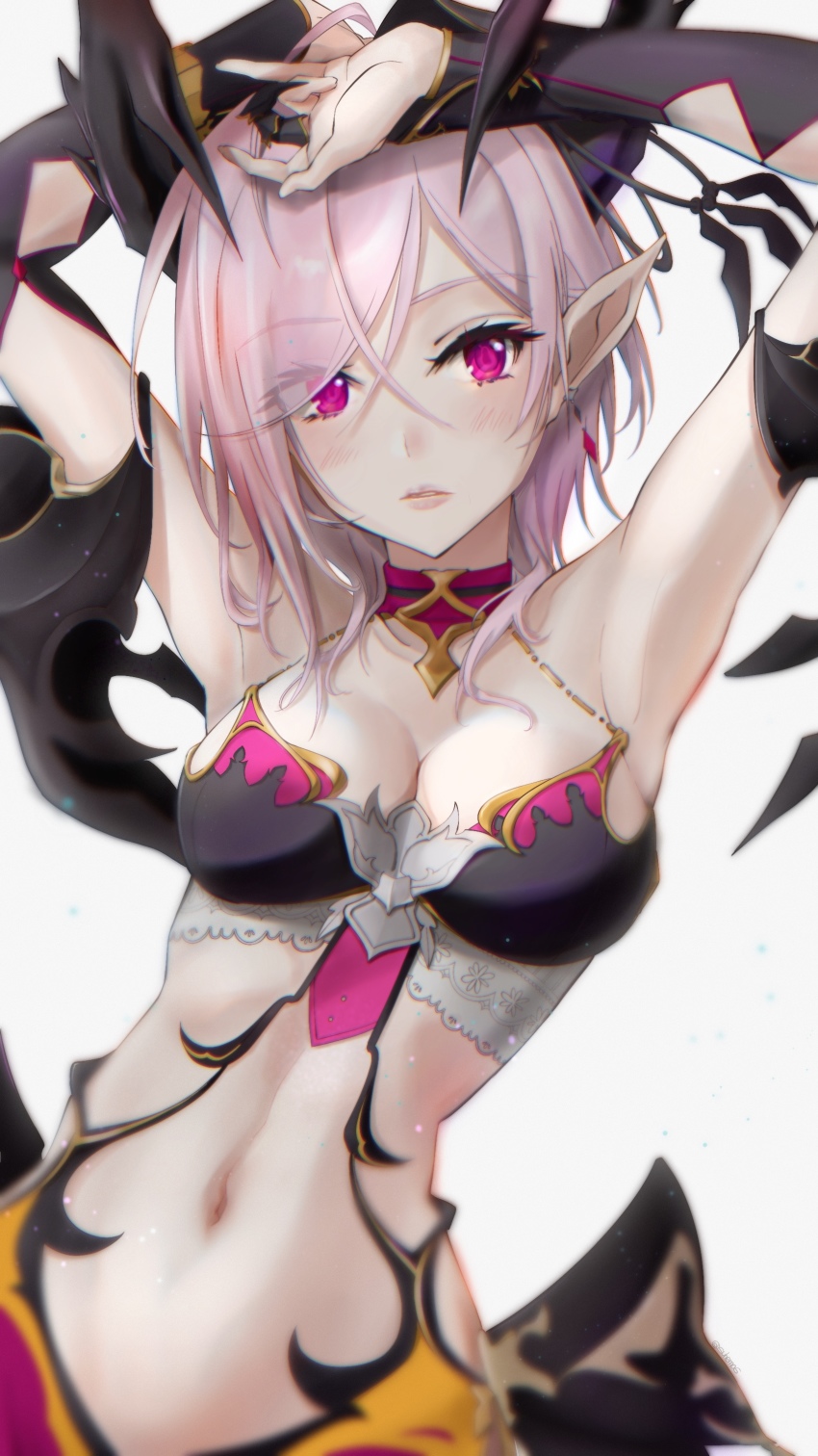 1girl, absurdres, armpits, arms_up, blush, breasts, bridal_gauntlets, earrings, gloves, highres, jewelry, medium_breasts, medium_hair, navel, oscurol_(shironeko_project), parted_lips, pink_eyes, pointy_ears, shironeko_project, simple_background, solo, stomach, white_background, yyano4691