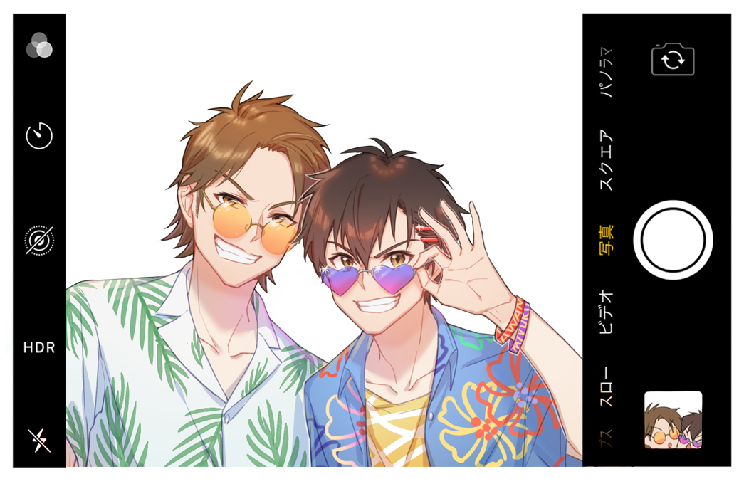 2boys, ace_of_diamond, adjusting_eyewear, brown_eyes, brown_hair, hawaiian_shirt, heart, heart-shaped_eyewear